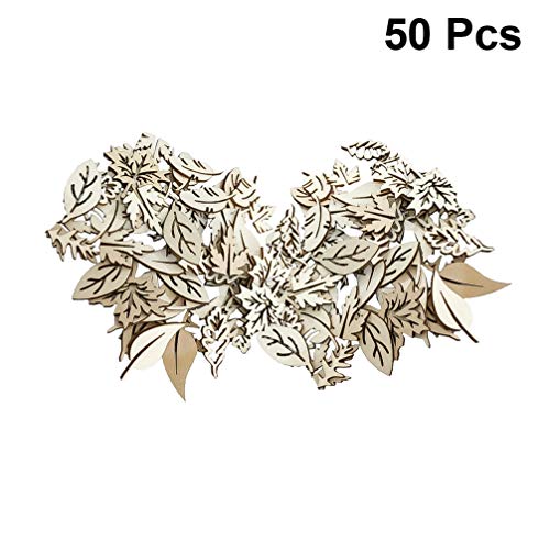 Happyyami 50pcs Wooden Leaves Unfinished Wood Cutouts Wood Shapes Pieces Wood Discs Slices for DIY Craft Wedding Birthday Party Favors Centerpieces Happyyami