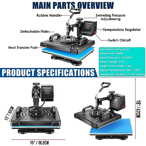 AKEYDIY 5 in 1 Heat Press Machine for t Shirts Professional Swing Away Heat Press Digital Combo 12" x 15" 360-degree Rotation Heat Press Machines