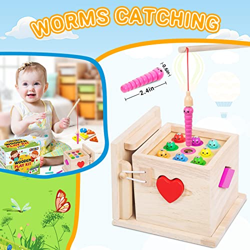 6-in-1 Wooden Play Kit Montessori Toy, Object Permanence Box, Coin Box, Carrot Harvest, Catch Worm, Shape Sorter - Toddler Learning Toy for Kid Age