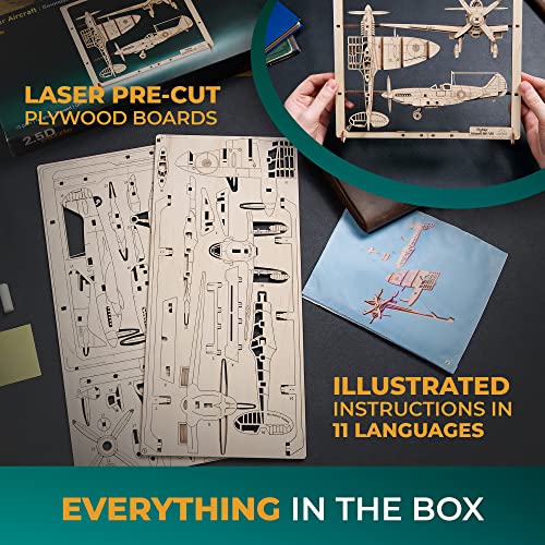 UGEARS 2.5D Framed Fighter Aircraft - Classic Aircraft Wood Model Kit with Movable Aileron, Propeller, Wheel & Canopy - Airplane Wooden Puzzle Model UGEARS