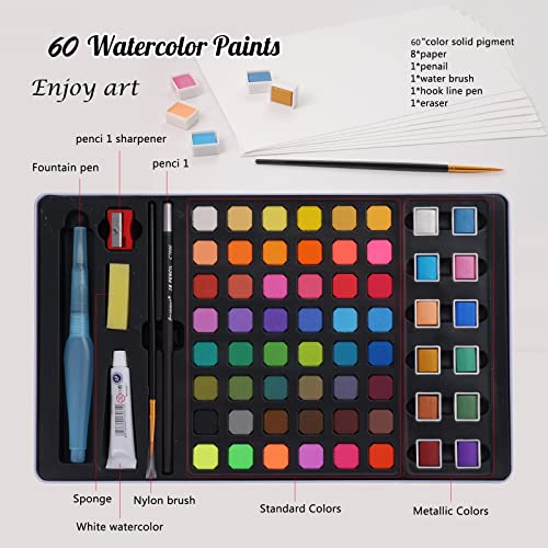 Watercolor Paint Set, Watercolor Paints, 60 Colors, Painting Set with Water Brush Pens and Drawing Pencil, Great for Kids and Adults, Art Supplies