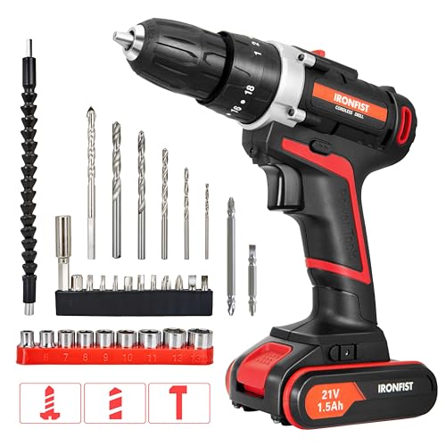IRONFIST Cordless Drill, Screwdriver Impact Power Tools 21V Lithium Battery 3/8inch Keyless Chuck Led Light 2 Speed Driver