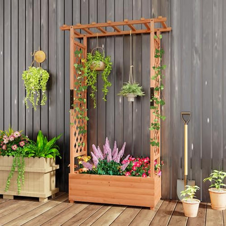 Giantex Raised Garden Bed with 2-Sided Trellis & Hanging Roof, Fir Wood Planter Box w/Drainage Holes, Bottom Gaps, Freestanding Garden Planter for Giantex