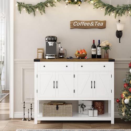 HOSTACK Buffet Sideboard Cabinet with Storage, 47.2" Modern Farmhouse Coffee Bar with 2 Drawers, Barn Doors Console Table with Shelf for Kitchen, HOSTACK
