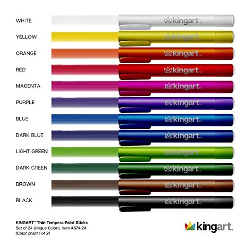KINGART 574-24 TEMPERA PAINT Thin Sticks, Set of 24 Rich Colors, Solid Tempera Paint for Kids, Super Quick Drying, Non-Toxic, Work Great on Paper, KINGART