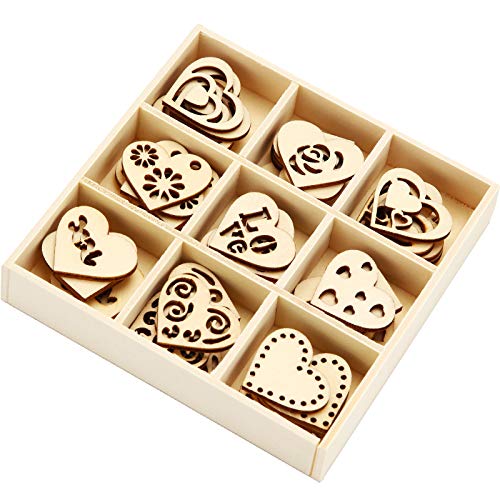 45 Pieces Wooden Ornaments Heart Wood Embellishments Crafts Set Hollow Design with Storage Tray, Mini Laser Cut Heart Shape for Valentine's Day and