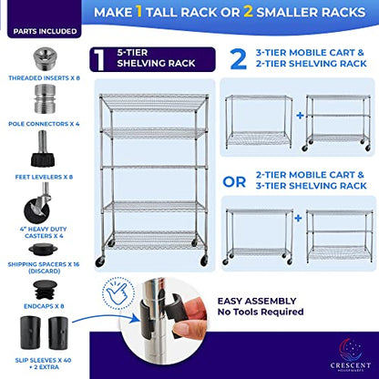 48 x 24 x 76, 4000 LBS, Commercial Metal Shelves for Storage with Wheels for Garage Shelving, 5 Tier Wire Shelving Rack for Kitchen Storage, Heavy