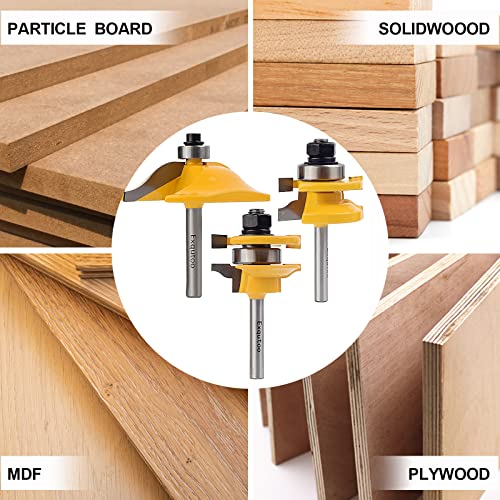 Exqutoo 3PCS 1/4" Shank Router Bit Set, Raised Panel Cabinet Door Making Router Bits, Cemented Carbide Router Bits, Woodworking Tools Router Door & Exqutoo