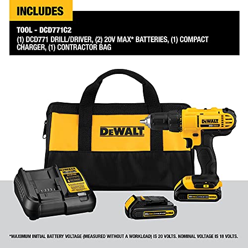 DEWALT 20V Max Cordless Drill / Driver Kit, Compact, 1/2-Inch (DCD771C2), Dewalt Yellow DEWALT