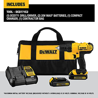 DEWALT 20V Max Cordless Drill / Driver Kit, Compact, 1/2-Inch (DCD771C2), Dewalt Yellow - WoodArtSupply