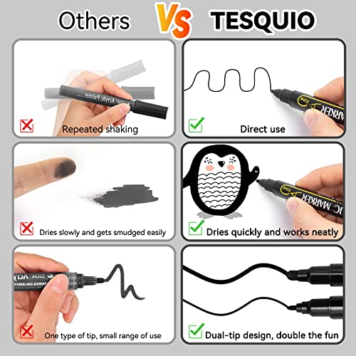 Tesquio Paint Marker, Dual Tip Acrylic Paint Pens, 8 Pack Black & White Paint Pens Ideal for Wood, Rock Painting, Canvas, Stone, Glass, Ceramic