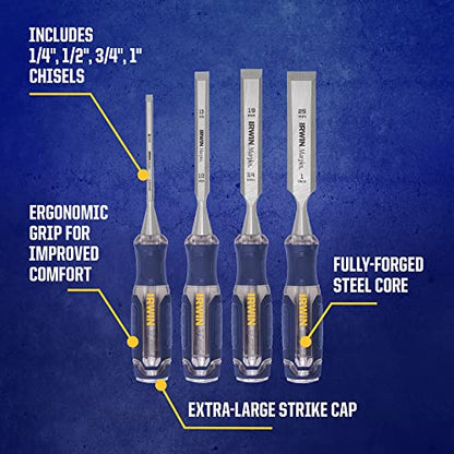 IRWIN Chisel Set, Woodworking, 4-Pack, Extra-Long Strike Cap, Strong & Durable Steel Core (IRHT82507) - WoodArtSupply