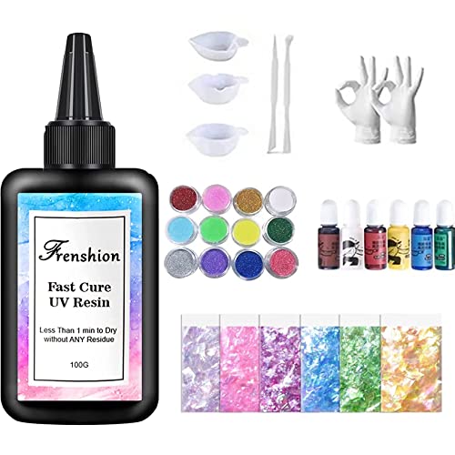 Frenshion 31Pcs Resin Jewelry Making Kit with 100g Fast Cure Clear Hard Low Odor UV Resin, Color Pigment, Resin Accessories, UV Resin Starter Kit for