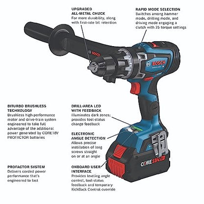 BOSCH GXL18V-260B26 18V 2-Tool Combo Kit with 1/2 In. Hammer Drill/Driver, 1/4 In. and 1/2 In. Two-In-One Bit/Socket Impact Driver, (1) CORE18V 8 Ah - WoodArtSupply