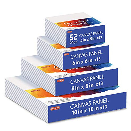 Shuttle Art Painting Canvas Panel, 52 Multi Pack, 5x5, 6x6, 8x8, 10x10 inch (13 PCS of Each), 100% Cotton Art Canvas Board Primed White, Blank Canvas Shuttle Art