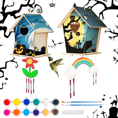 BELLOCHIDDO 2 Pack DIY Birdhouse Wind Chime Kit-Wooden Crafts Arts for Kids to Build and Paint,Craft Kits Includes Paints & Brushes,Halloween Gifts