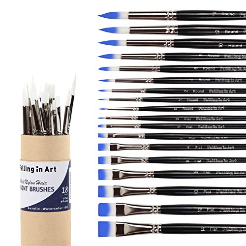 Falling in Art Flat and Round Tips White Sable Paint Brush Set - 18PCS Artist Face Paint Brushes, Short Handled Nylon Brushes Set for Watercolor, - WoodArtSupply