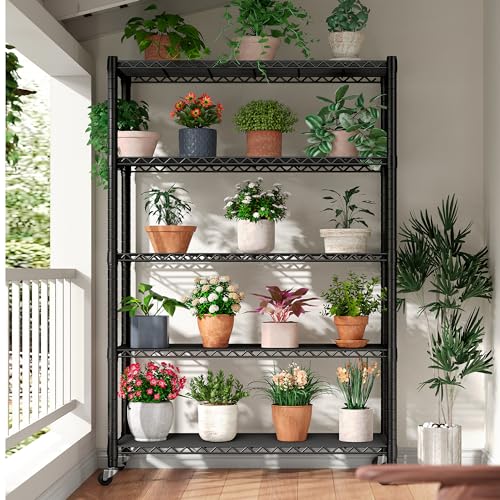 REIBII Storage Shelves with Wheels, Wire Shelving Unit with Wheels, 75.6"H Heavy Duty Shelving, Metal Shelves for Storage, Pantry Shelves for REIBII