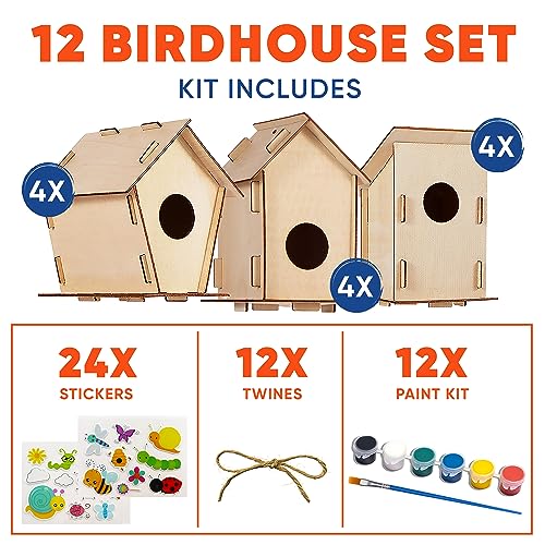 12 DIY Bird House Kits For Children to Build - Wood Birdhouse Kits for Kids to Paint - Unfinished Wood Bird Houses to Paint for Kids - Wood Craft CRAFTY HAPPITOYS