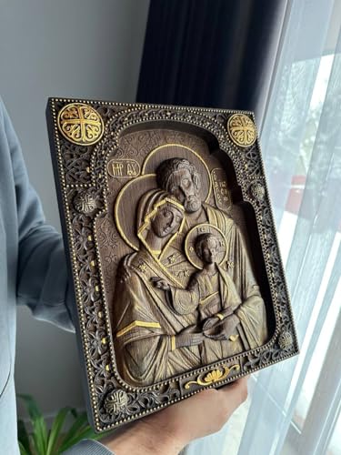 Handmade wooden Holy Family - Wood Carved Nativity Icon - 10 x 12 inches made of natural oak - wall hanging christian wall art - WoodArtSupply