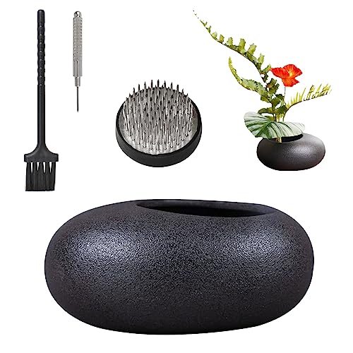 WANDIC Flower Arrangement Vase Kit, Black Pebble Ceramic Planter Pot with 4cm Kenzan Flower Frog Pottery Floral Arranging Pin Needle Holder for Desk WANDIC