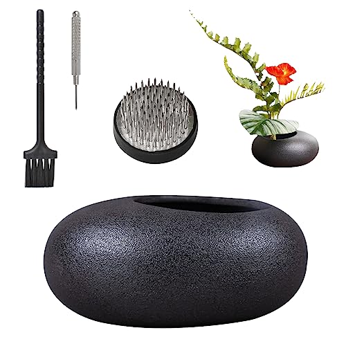 WANDIC Flower Arrangement Vase Kit, Black Pebble Ceramic Planter Pot with 4cm Kenzan Flower Frog Pottery Floral Arranging Pin Needle Holder for Desk - WoodArtSupply