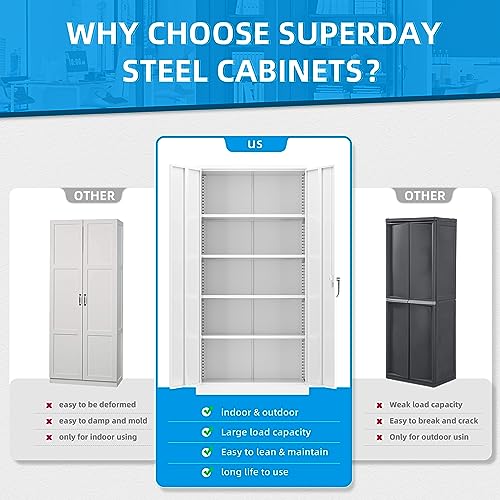 Superday Metal Storage Cabinets, 71" Steel Storage Cabinet with Lock, Tall White Cabinet with 2 Doors and 4 Adjustable Shelves for Garage, Home Superday