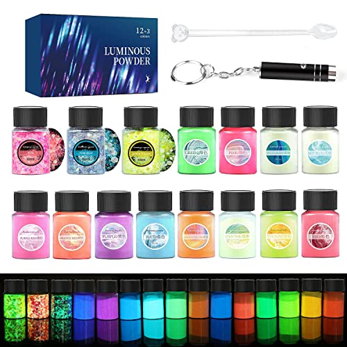 Glow in The Dark Pigment Powder 15 Jar -12 Color Glow Pigment and 3 Color Luminous Flake with UV Lamp - Epoxy Resin Luminous Powder for Slime