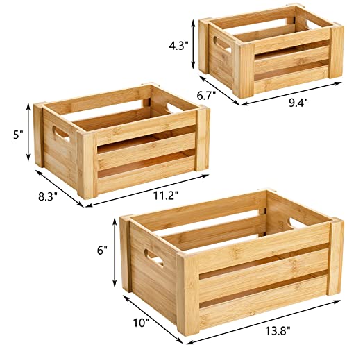 Lawei Set of 3 Bamboo Nesting Crates with Handles, Rustic Decorative Storage Container Box, Crate Box for Display, Farmhouse Bamboo Basket Bins for Lawei