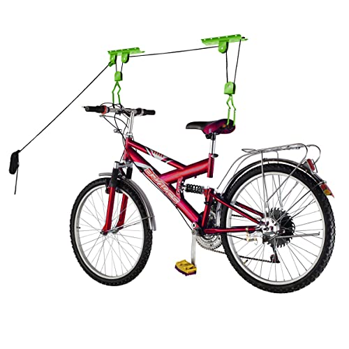Bike Hanger Set - Set of 2 Overhead Pulley System Bike Hangers for Garage or Shed with 100lb Capacity for Bicycles or Ladders by Rad Sportz (Green) Bike Lane