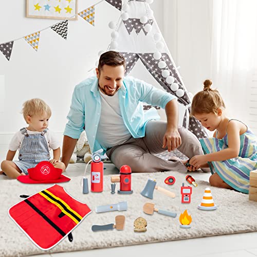 umu Firefighter Costume for Kids, 14 PCS Pretend Toy Wooden Fireman Role Play Firefighter Accessories with Fire Extinguisher and Hydrant, Fireman umu