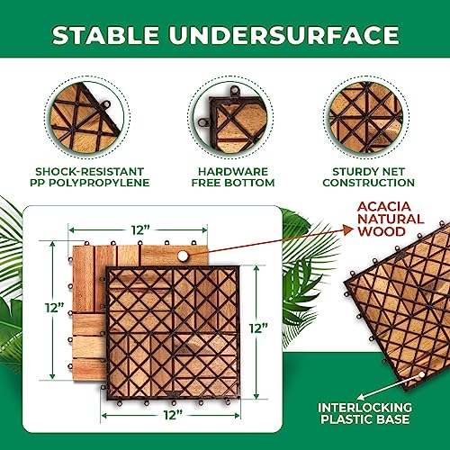 Acacia Deck Tiles (Pack of 10) Hardwood Interlocking Patio Deck Tiles, Acacia Wood Deck Tiles Interlocking Outdoor, Patio Tiles Outdoor Interlocking RAKYTO