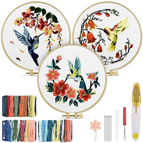 TINDTOP 3 Sets Embroidery Kit for Adult for Beginners, Hummingbird and Flower Embroidery Kit for Beginners Include Embroidery Cloth Hoops Threads for TINDTOP
