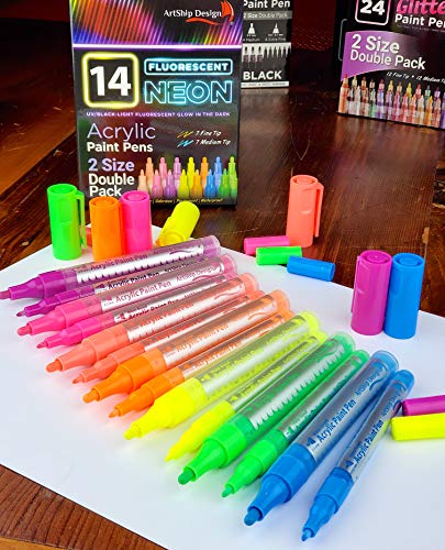 14 Pack Neon UV Fluorescent Acrylic Paint Pens, Double Pack of Both Extra Fine and Medium Tip Paint Markers, for Rock Painting, Mug, Ceramic, Glass, ArtShip Design