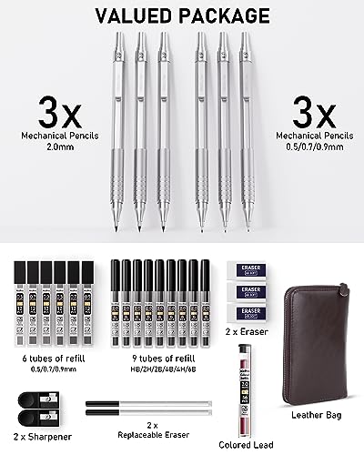  Nicpro 6PCS Art Mechanical Pencils Set, 3PCS Metal Drafting  Pencil 0.5 mm & 0.7 mm & 0.9 mm & 3PCS 2mm Graphite Lead Holder (2B HB 2H)  For Writing, Sketching