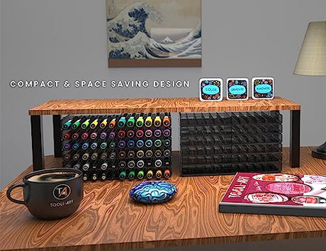 TOOLI-ART 72 Art Marker Storage Tray Desk Organizer Holder, Adjustable Dividers, Modular, Expandable, Stackable, Fit Most Pen, Pencil, Brushes. TOOLI-ART