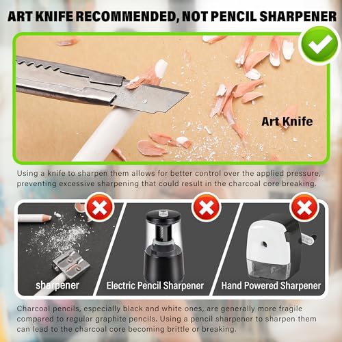 KALOUR White Charcoal Pencils Drawing Set, Professional 6 Pieces White Sketch Pencils for Drawing, Sketching, Shading, Blending, White Chalk Pencils KALOUR