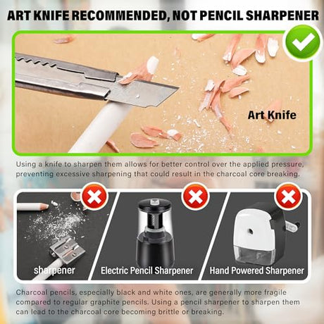 KALOUR White Charcoal Pencils Drawing Set, Professional 6 Pieces White Sketch Pencils for Drawing, Sketching, Shading, Blending, White Chalk Pencils KALOUR
