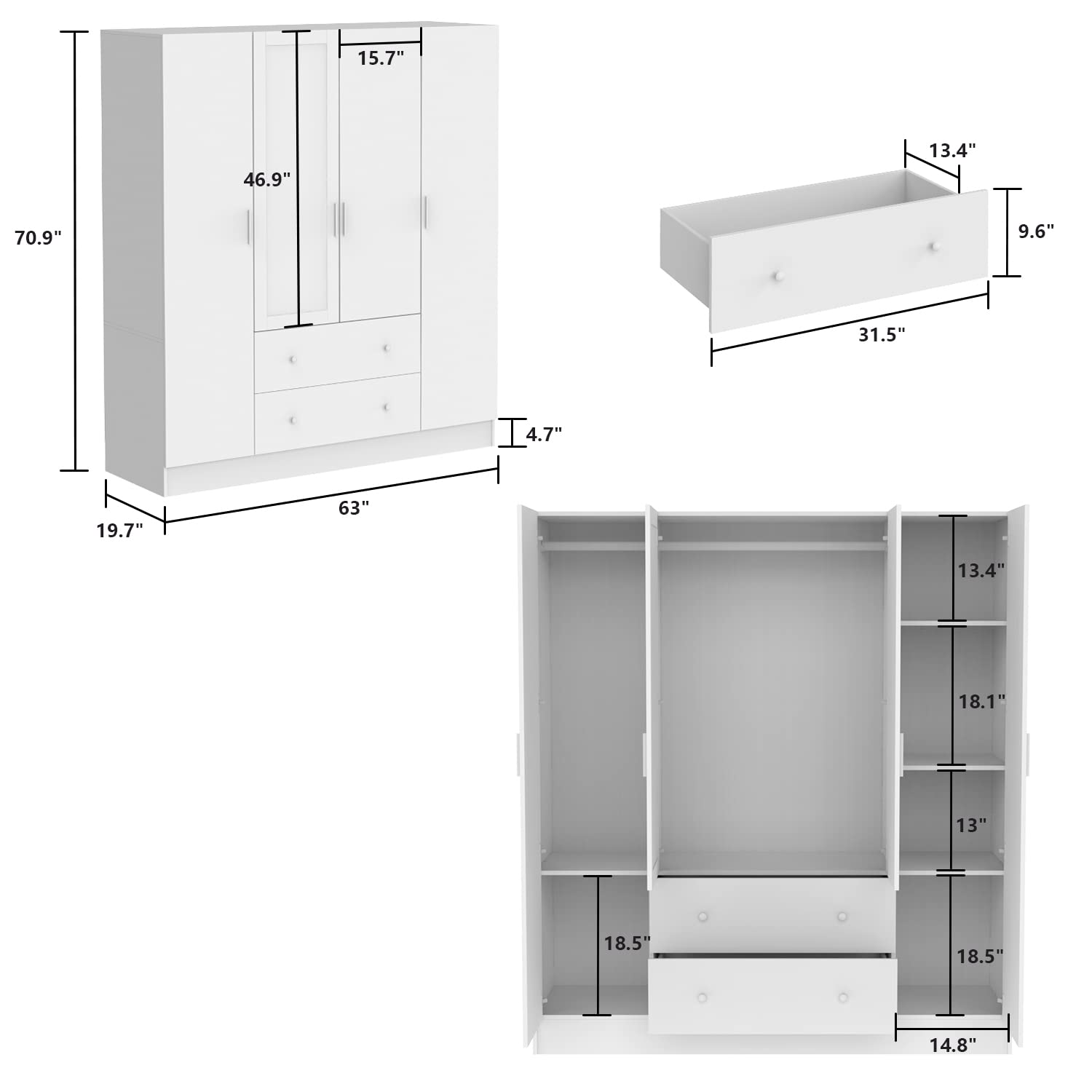 ECACAD Wardrobe Armoire with Mirror, 5-Tier Shelves, 2 Drawers, 2 Hanging Rods and 4 Doors, Wooden Closet Storage Cabinet for Bedroom, White (63”W x - WoodArtSupply