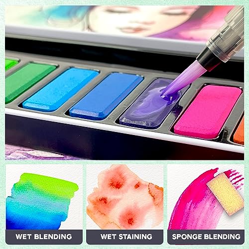 ArtSkills Travel Watercolor Kit, Watercolor Paint Set for Kids & Adults, Travel Palette with Water Brush - WoodArtSupply