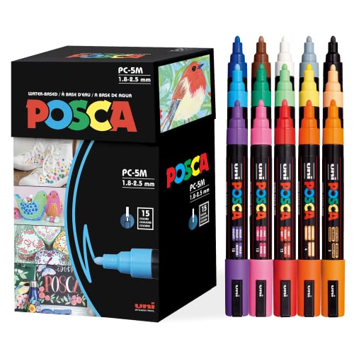 15 Posca Paint Markers, 5M Medium Posca Markers Set with Reversible Tips of Acrylic Paint Pens | Posca Pens for Art Supplies, Fabric Paint, Fabric