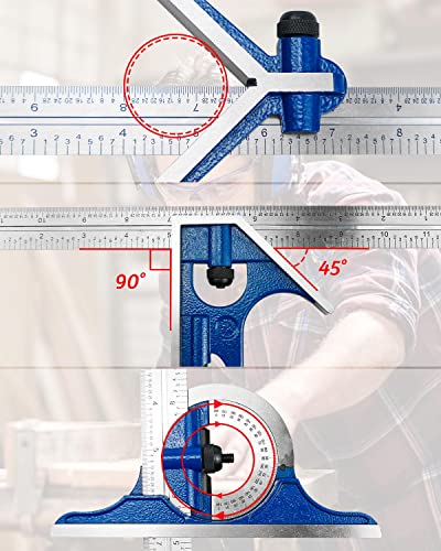 4PCS 12 Inch Combination Square Ruler Set Protractor Satin, 4-R Graduation, Ideal for Woodworking Metalworking Cabinets Joinery Steel Iron Case PNYZIK