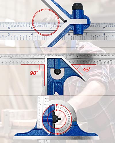 4PCS 12 Inch Combination Square Ruler Set Protractor Satin, 4-R Graduation, Ideal for Woodworking Metalworking Cabinets Joinery Steel Iron Case - WoodArtSupply