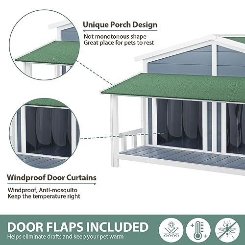 RITSU 47.2" Dog House, Waterproof Dog Kennel, Wooden Outdoor and Indoor Dog House, Log Cabin Style with Porch,Elevated Floor, 2 Doors, Pine Wood + - WoodArtSupply