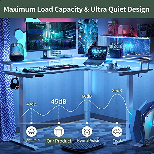 FEZIBO 63" Triple Motor L Shaped Standing Desk with LED Strip & Power Outlets, Height Adjustable Stand up Corner Gaming Desk with Ergonomic Monitor FEZIBO