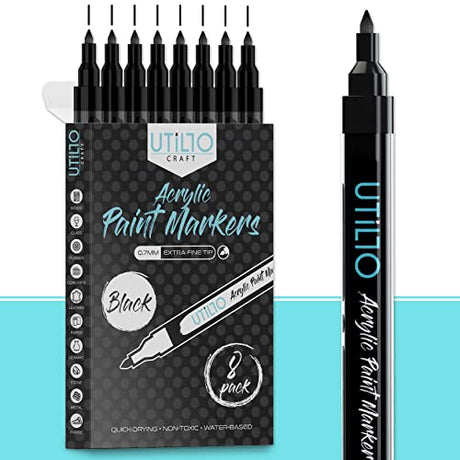 Black Paint Marker (8-Pack) 0.7mm Extra Fine Tip Made in Japan | Bold Color+100% Coverage | For Rock, Wood, Glass, Paper, Fabric, Canvas, Metal and Utillo Craft