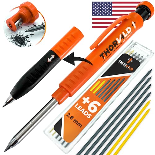 THORVALD Carpenter Pencils Set for Carpenter - Incl. 7 Leads + Sharpener + Finger Grip - Solid Mechanical Pencils with Fine Point/Best Marking tools - WoodArtSupply