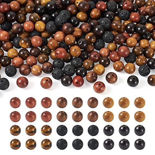 KISSITTY 300Pcs 6 Style Natural Wood Round Gemstone Beads Kit 8~8.5mm Including Lava Rock Beads & Grade AB Tiger Eye Wood Beads Natural Polished - WoodArtSupply