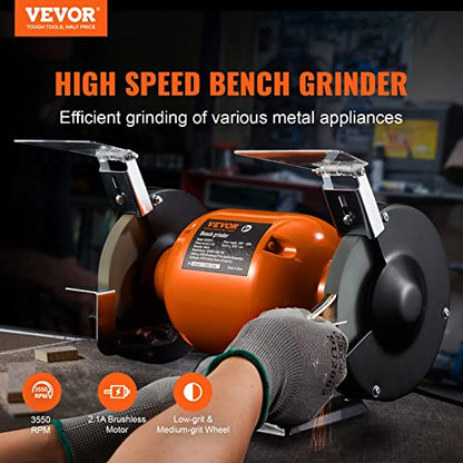 VEVOR Bench Grinder, 6 inch Single Speed Bench Grinder with 2.1A Brushless Motor 3550 RPM Table Grinder with 36/80-Grit Grinding Wheels for Grinding,