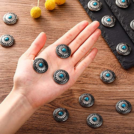 Janinka 24 Pcs Faux Turquoise Round Conchos Sunflower Decorative Buckle Metal Sunflower Buttons Screw Back Buttons for DIY Craft Leather Belt, Silver Janinka